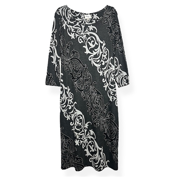 eci Stretchy Maxi Dress Quater Sleeve Gray Black and White Paisley Print - Picture 1 of 17